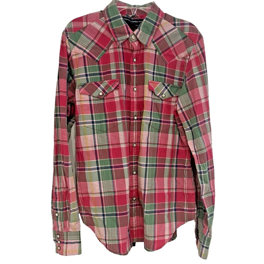 Ralph Lauren Sport Shirt Womens 12 Red Plaid Western Snap Button Down Vintage